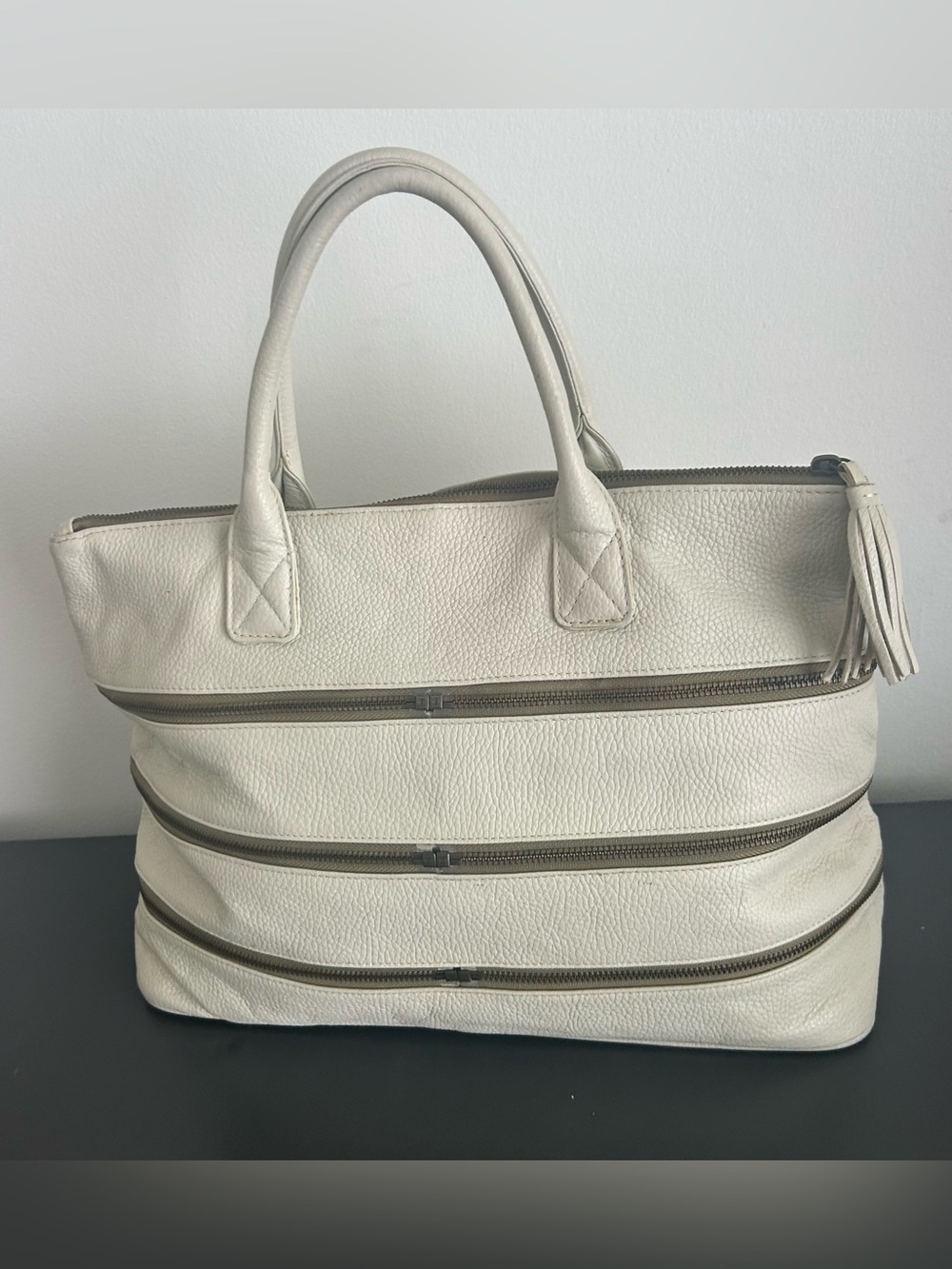 Pallie Bags Cream Pebbled Leather Multi Zip Tote Shoulder Bag Work Laptop - Picture 6 of 13
